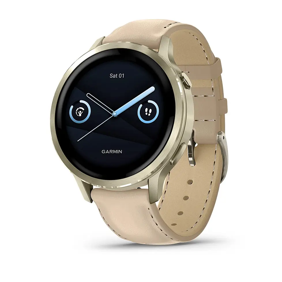 Смарт-годинник Garmin Venu 4 41 мм Lunar Gold з бежевим силіконовим та світло-піщаним шкіряним ремінцем