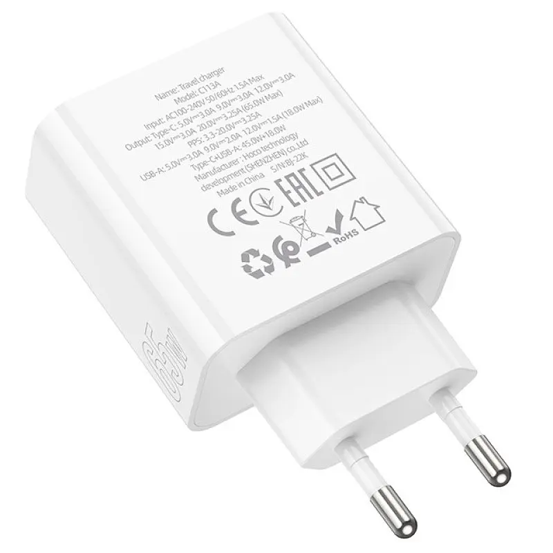 МЗП C113A Awesome PD65W (1USB-A/1C) White Hoco teh0029631 - фото 3