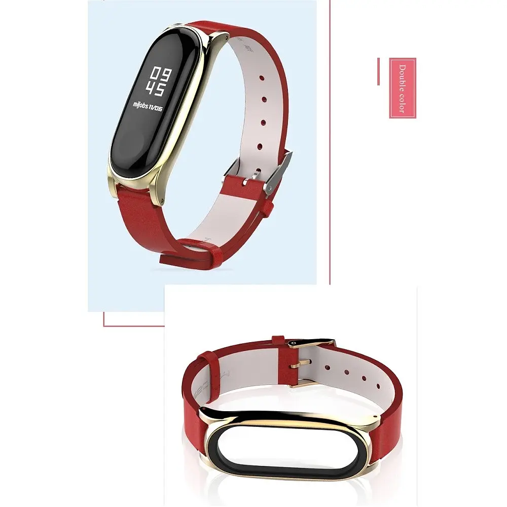 Шкіряний ремінець MiJobs для фітнес-браслета Xiaomi Mi Band 3 и 4 Type С червоний, тримач - золотистий - фото 4