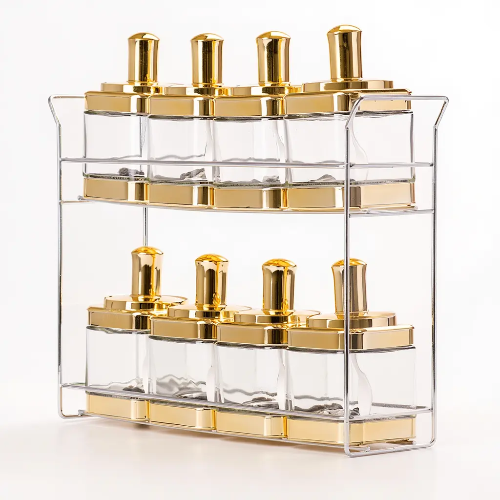 Набор емкостей для специй на подставке 8шт. по 350 мл с ложками Золотистый Yiwu HP-1338 - фото 3