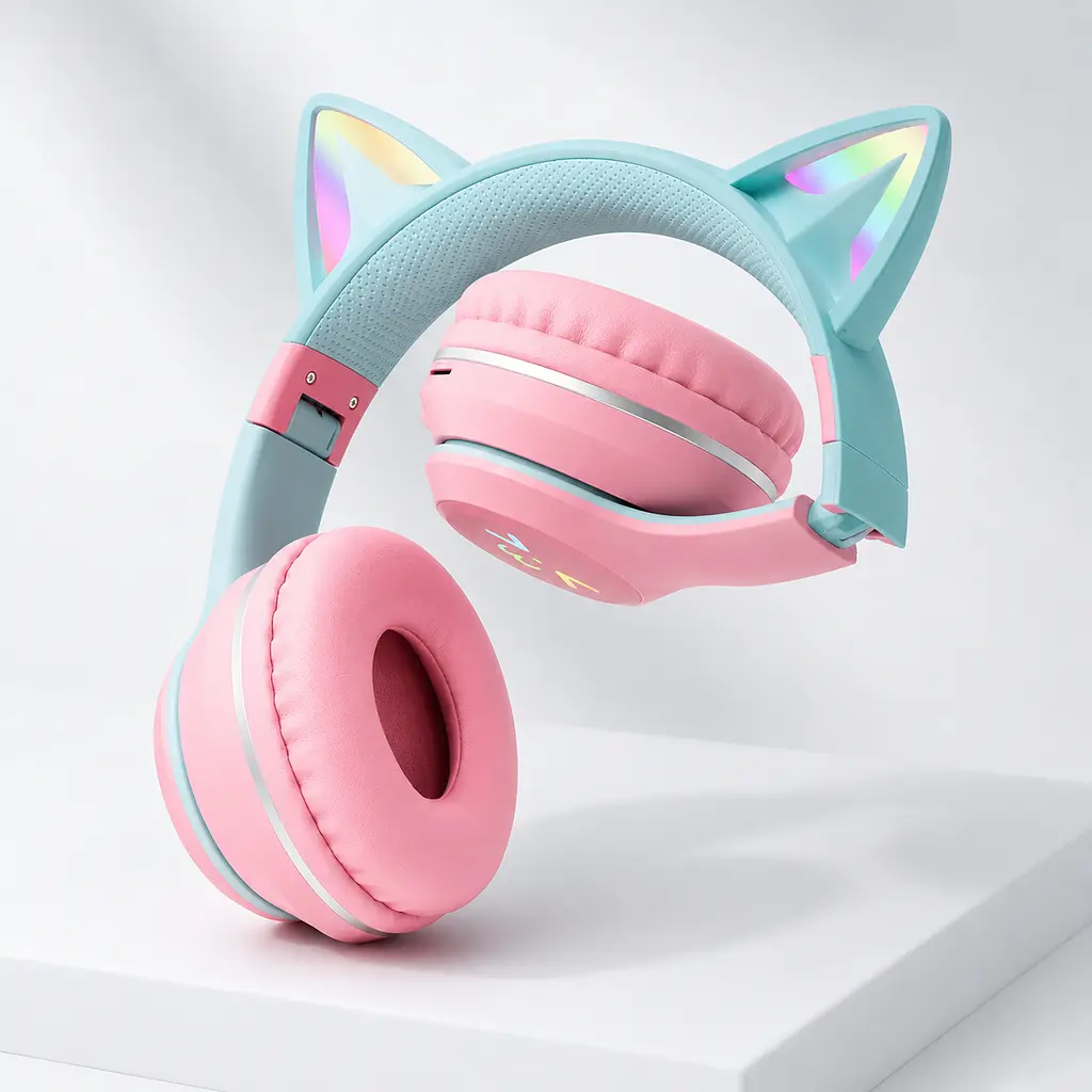 Дитячі бездротові навушники CATEAR BT618 з вушками та RGB-підсвіткою Bluetooth рожеві - фото 2