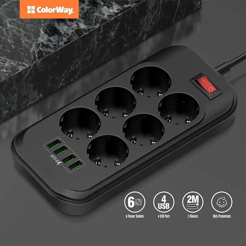 Фільтр живлення СolorWay 6 розеток, 4xUSB, 2м, Black (CW-CHE64B) - фото 7