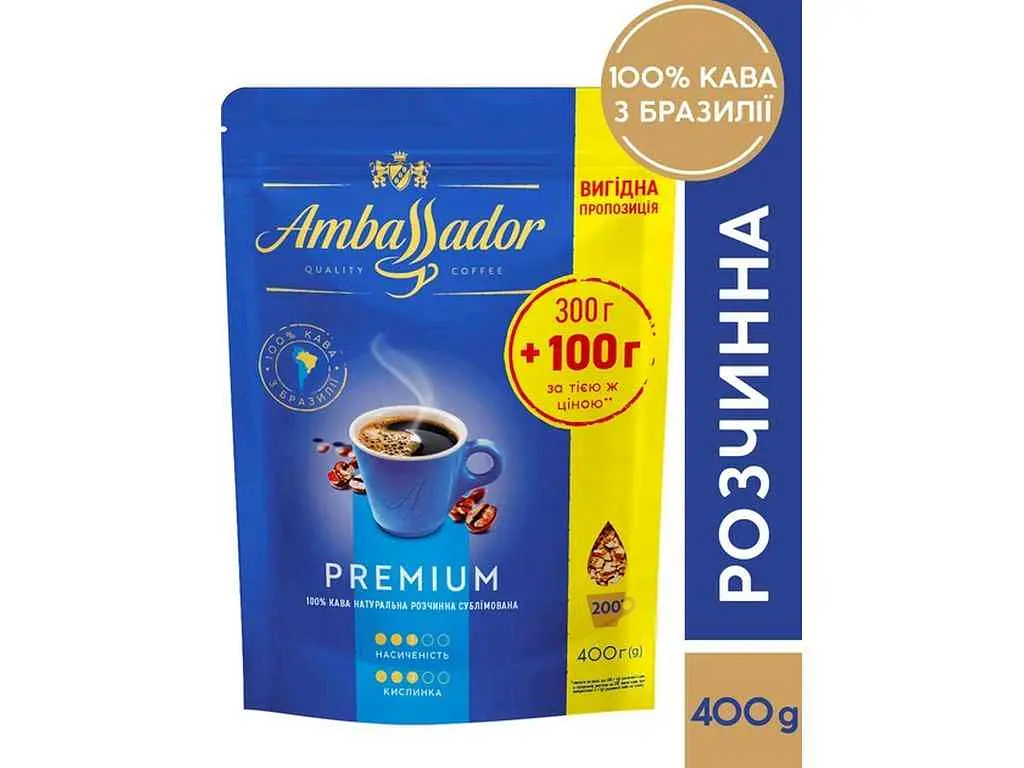 Кава розчинна AMBASSADOR 300+100г Premium пакет
