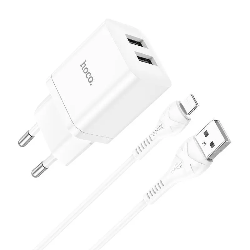 Адаптер мережевий HOCO Lightning Cable Maker dual port charger set N25 комплект 2 USB чорний - фото 4