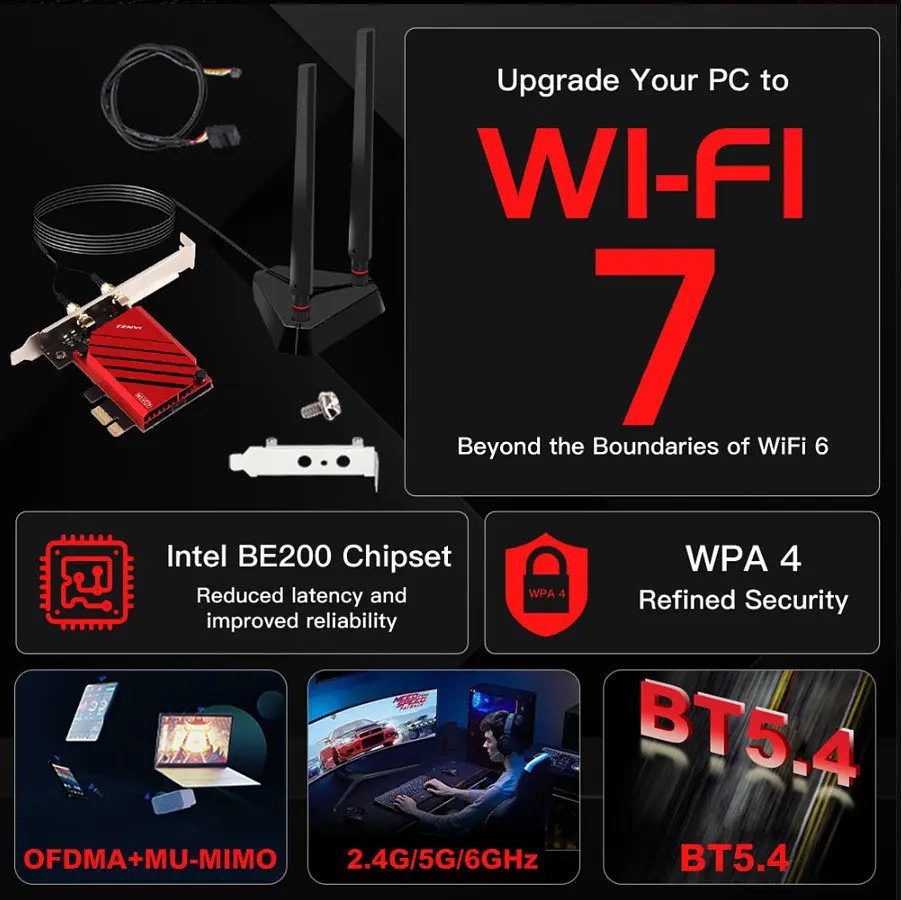 Бездротовий адаптер Fenvi FV-BE8800Pro Wi-Fi 7, Bluetooth 5.4 Gaming Tri Band 2.4G/5G/6GHz - фото 3
