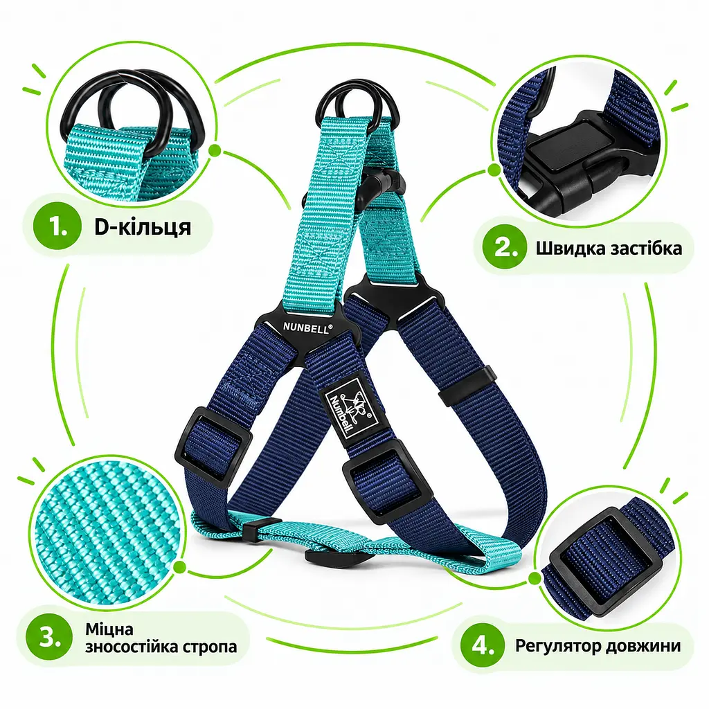 Шлея для собак Nunbell Y-Shape з повідцем, регульована та світловідбивна S, Синій - фото 3