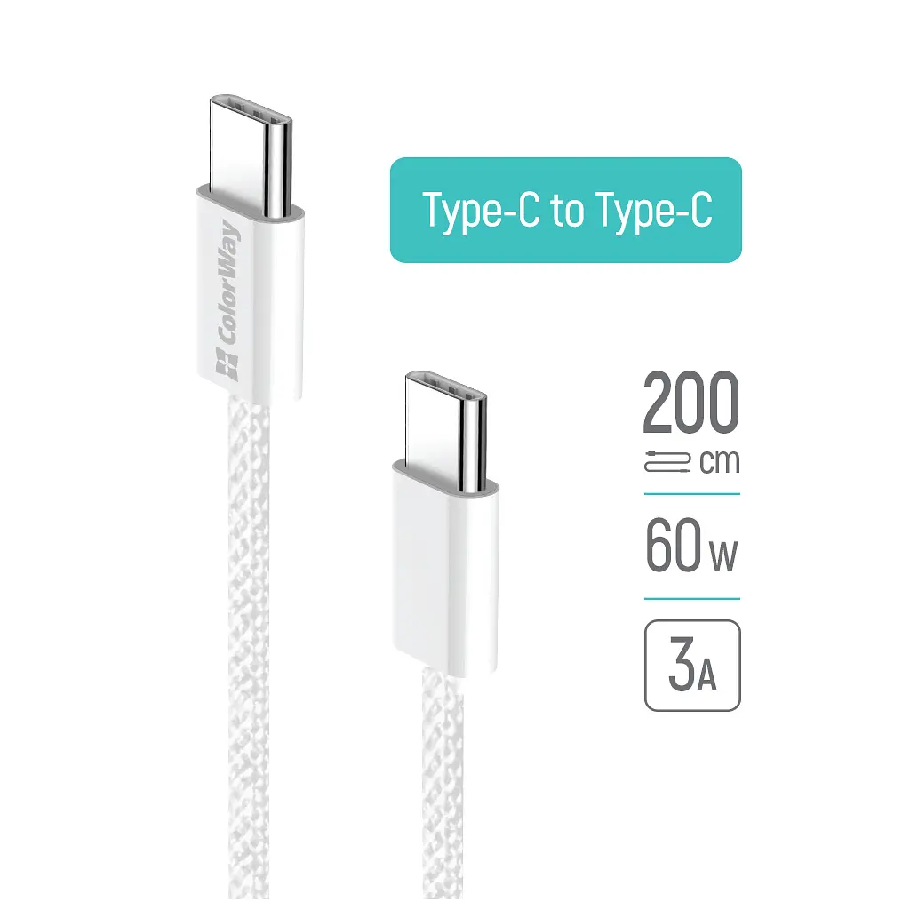 Дата кабель USB-C to USB-C 2.0m (braided cotton) (PD Fast Charging 60W) 3.0А grey ColorWay (CW-CBPDCC068-GR) - фото 9