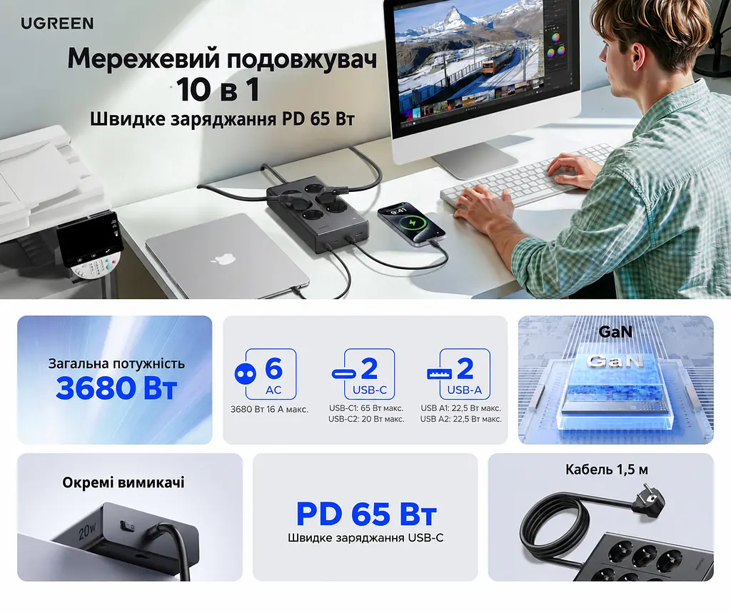 Мережевий фільтр із USB-заряджанням UGREEN S652 1,5 м подовжувач 6 розеток Schuko 2×USB-C + 2×USB-A навантаження розеток до 3680 Вт USB сумарно до 65 Вт USB-C1 PD 3.0 PPS до 65 Вт при окремому використанні із загальним вимикачем із захисними шторками розеток з можливістю настінного кріплення розетки під кутом 45° темно-сірий (55286) - фото 13