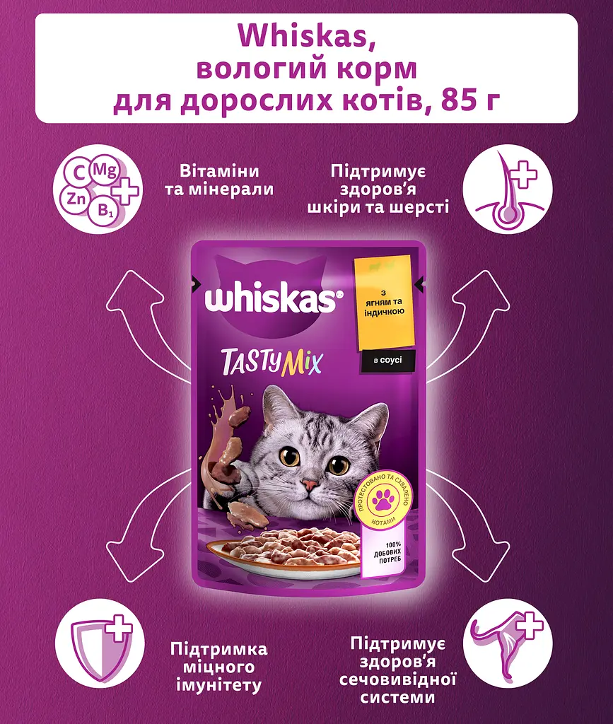 Влажный корм для кошек Whiskas TastyMix с ягненком и индейкой 2.38 кг (28 шт. х 85 г) - фото 5