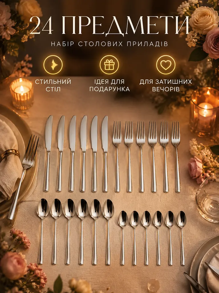 Набір столових приборів 24 предмети на 6 персон з нержавіючої сталі сріблястий у коробці (49676068) - фото 8