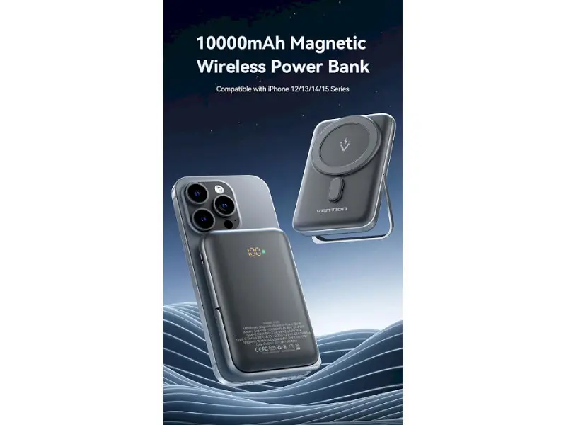 Зовнішній акумулятор (Power Bank) Vention Magnetic Wireless 10000mAh 20W Black (FHNB0) - фото 4