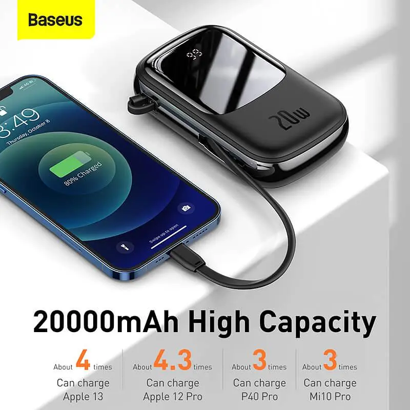 УМБ BASEUS Qpow Digital Display Quick Charging Power Bank (With IP Cable) 20000mAh USB/Type-C/Lightning, - фото 8