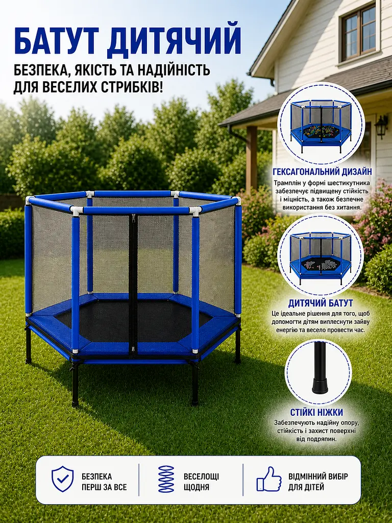 Батут-манеж дитячий із захисною сіткою 160 х 110 см синій (49675855) - фото 5