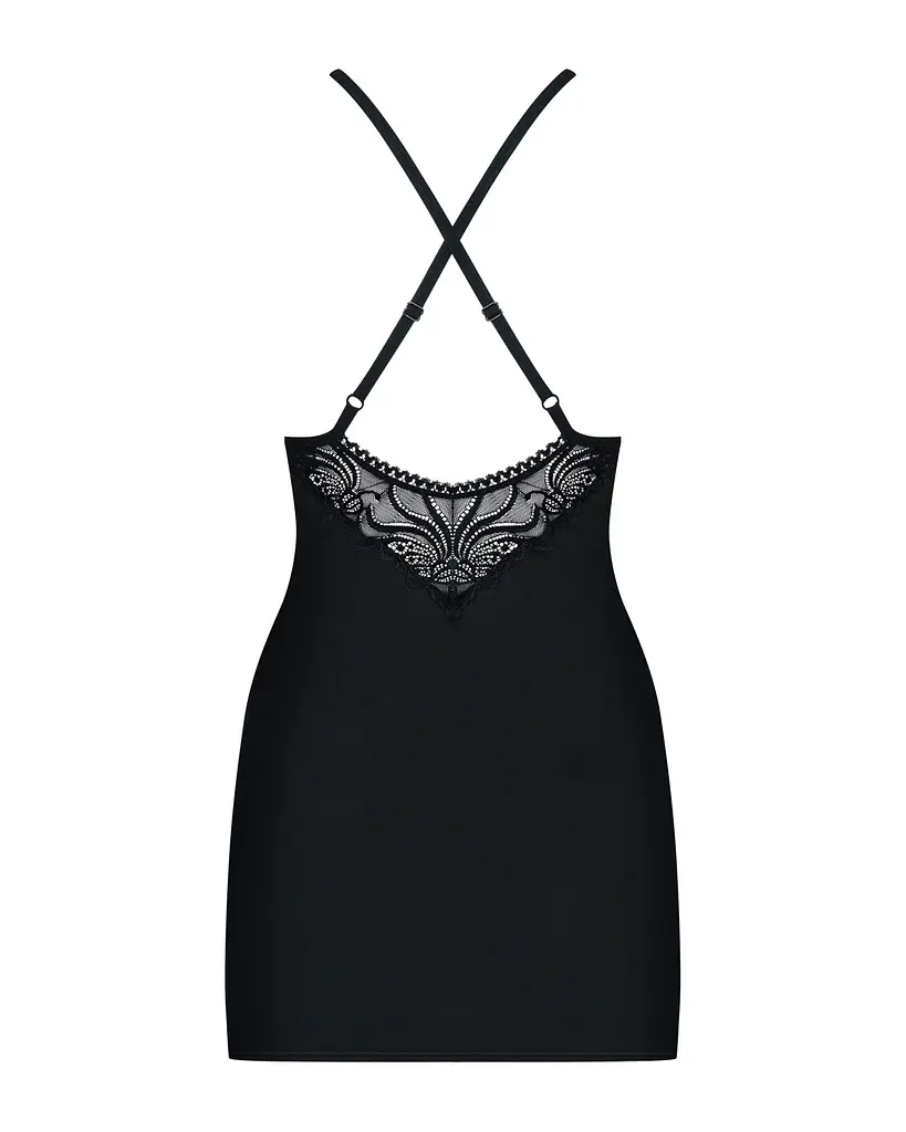Сатиновий комплект для сну з мереживом Obsessive 828-CHE-1 chemise & thong S/M, чорний, сорочка, стр - фото 6