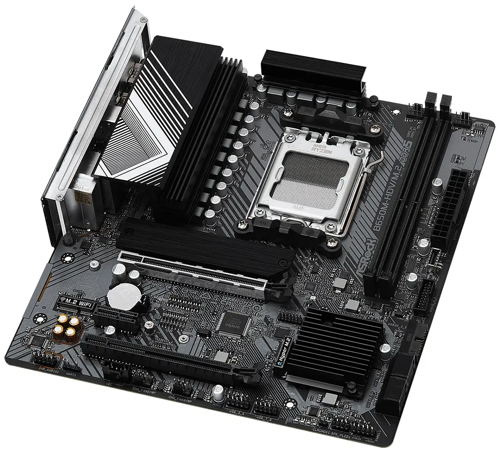 Материнская плата AM5 ASRock B650M-HDV/M.2, B650, 2xDDR5, Int.Video (CPU), 4xSATA3, 2xM.2, 2xPCI-E 4.0 16x, 1xPCI-E 4.0 1x, 1xM.2 (Key E), ALC897, RTL8125BG, 8xUSB3.2/8xUSB2.0, HDMI/DP, CrossFire, Micro ATX - фото 3
