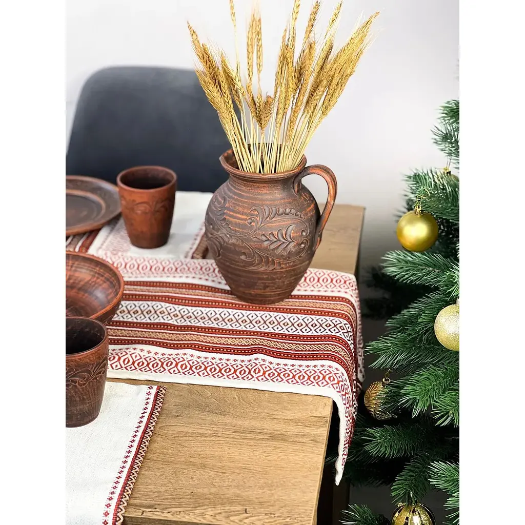 Комплект Рождественский льняной с украинским орнаментом Луч Ранер 140х40 см + салфетки 30х40 см 40 шт красный - фото 2