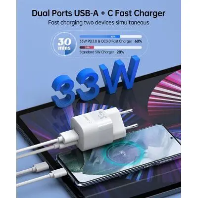 Зарядний пристрій Choetech GaN USB-A/USB-C 33W QC3.0/PD/PPS (PD5006-EU-WH) - фото 4