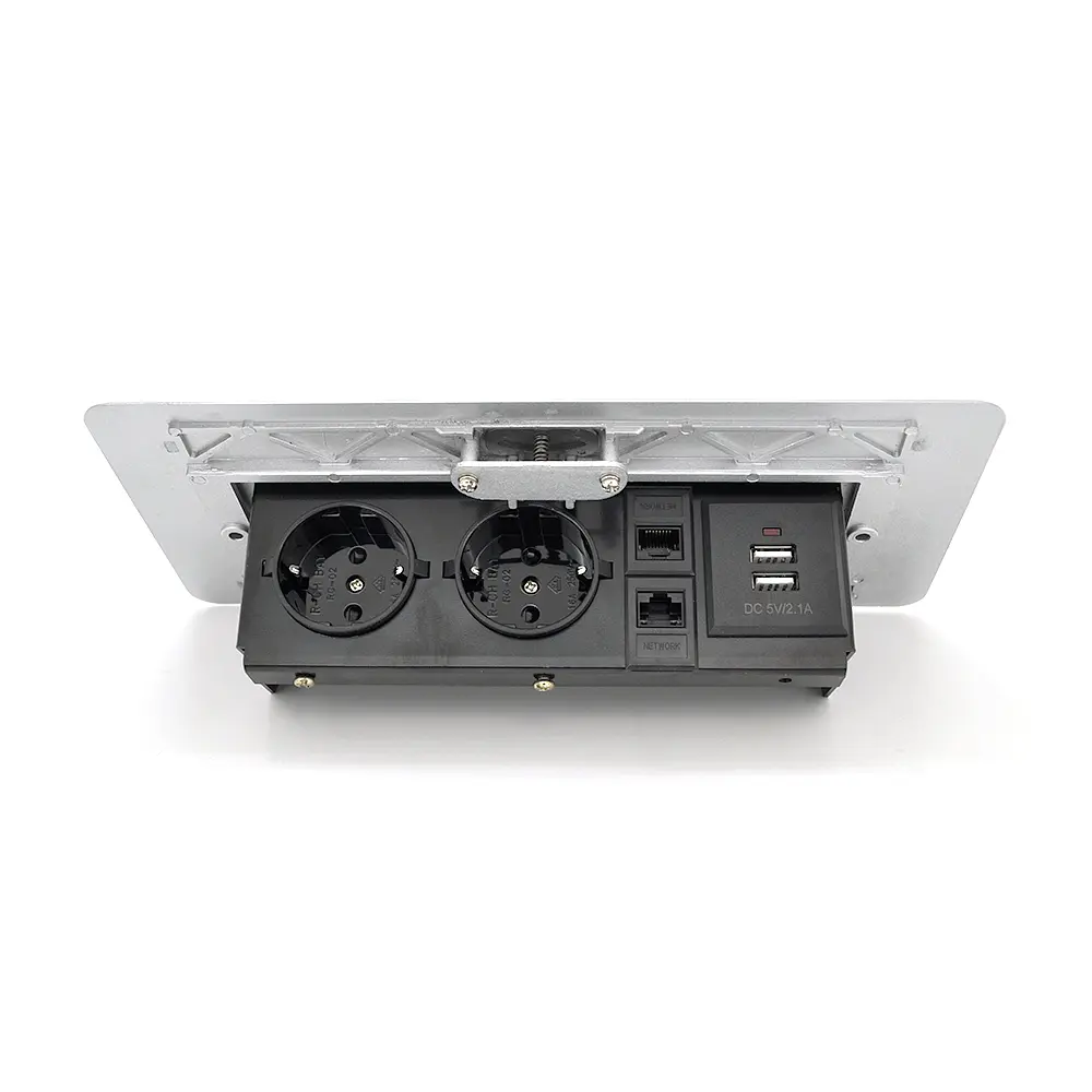 Розетка для підлоги висувна із заземленням J29L, дві розетки + 2 * USB + 2* RJ45, Input: AC 100-250V 16A, Silver - фото 2