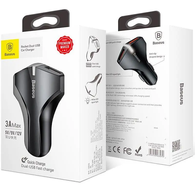 Автомобільний зарядний пристрій Baseus Rocket Dual USB 3A QC 3.0 Fast Charge Black CCALL-RK01 - фото 4