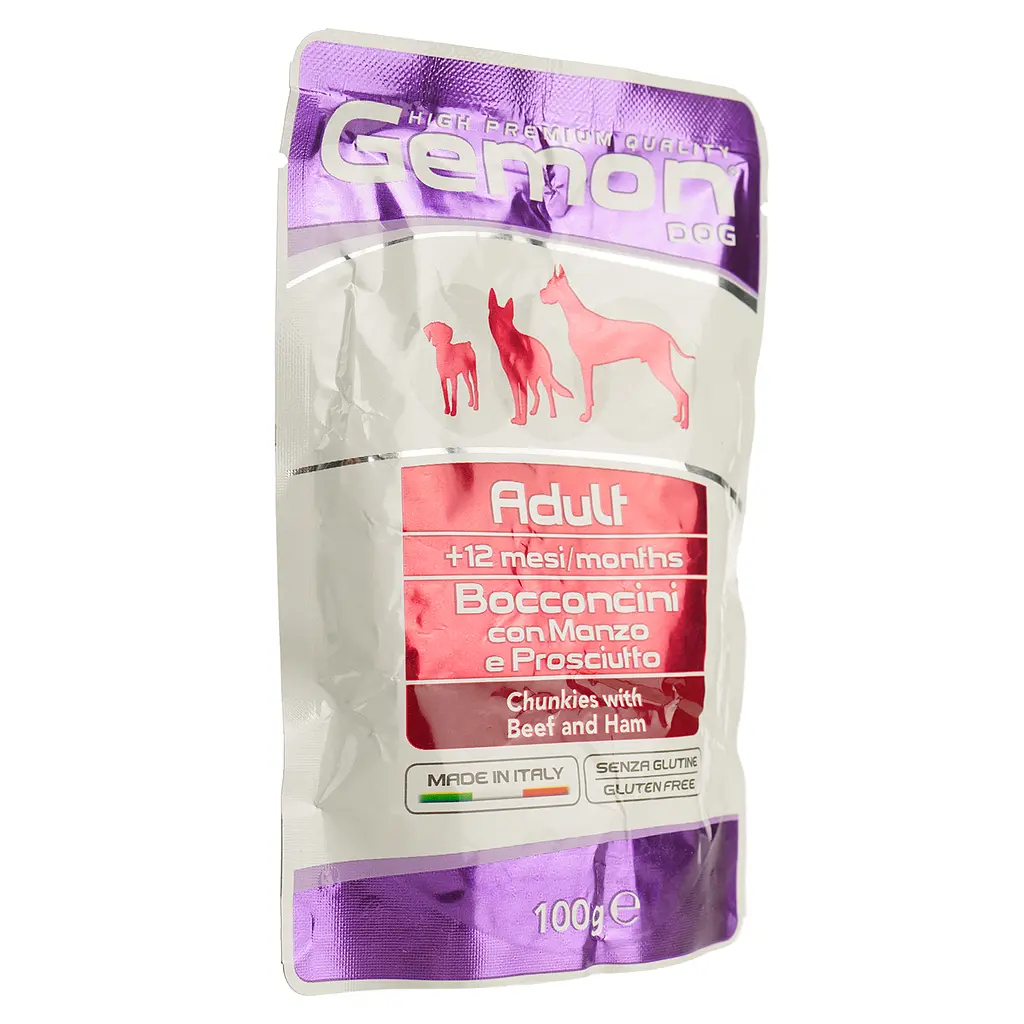 Вологий корм Gemon Dog Wet Adult шматочки з яловичиною та шинкою, 100 г (70300605) - фото 2