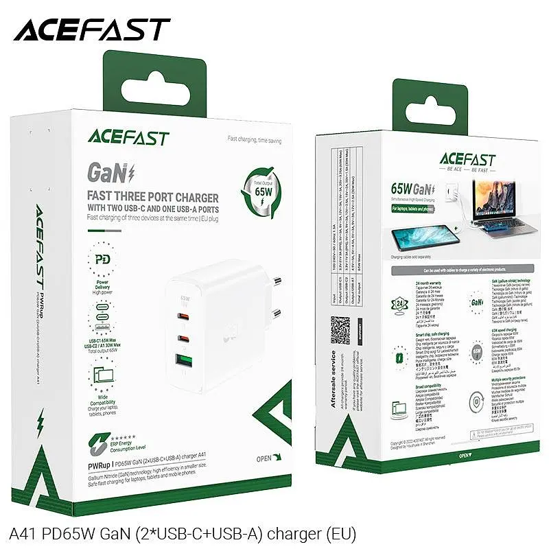 Зарядное устройство Acefast GaN A41 3 выхода 2*Type-C и 1*USB 65W белое - фото 4