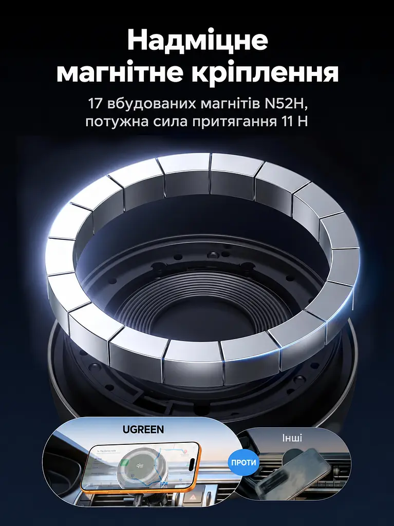 Магнітний автотримач із бездротовим заряджанням UGREEN MagFlow Pro W778 Qi2 до 25 Вт для iPhone 16–17 з iOS 26+ до 15 Вт для iPhone 12–15 для 25 Вт потрібен адаптер PD від 45 Вт на одному порту без чохла або з MagSafe активне охолодження TEC і вентилятор кріплення на вертикальну/горизонтальну решітку обертання 360° LED-індикатор кабель USB-C ↔ USB-C 1,5 м у комплекті темно-сірий із чорним сріблястим оздобленням і білими написами (75250) - фото 8