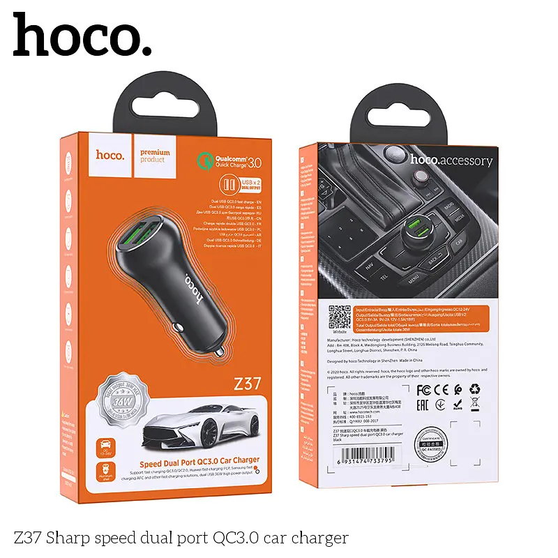 Адаптер автомобільний Hoco Sharp speed dual port Car charger Z37 |2USB, QC3.0, 3A, 36W| - фото 2