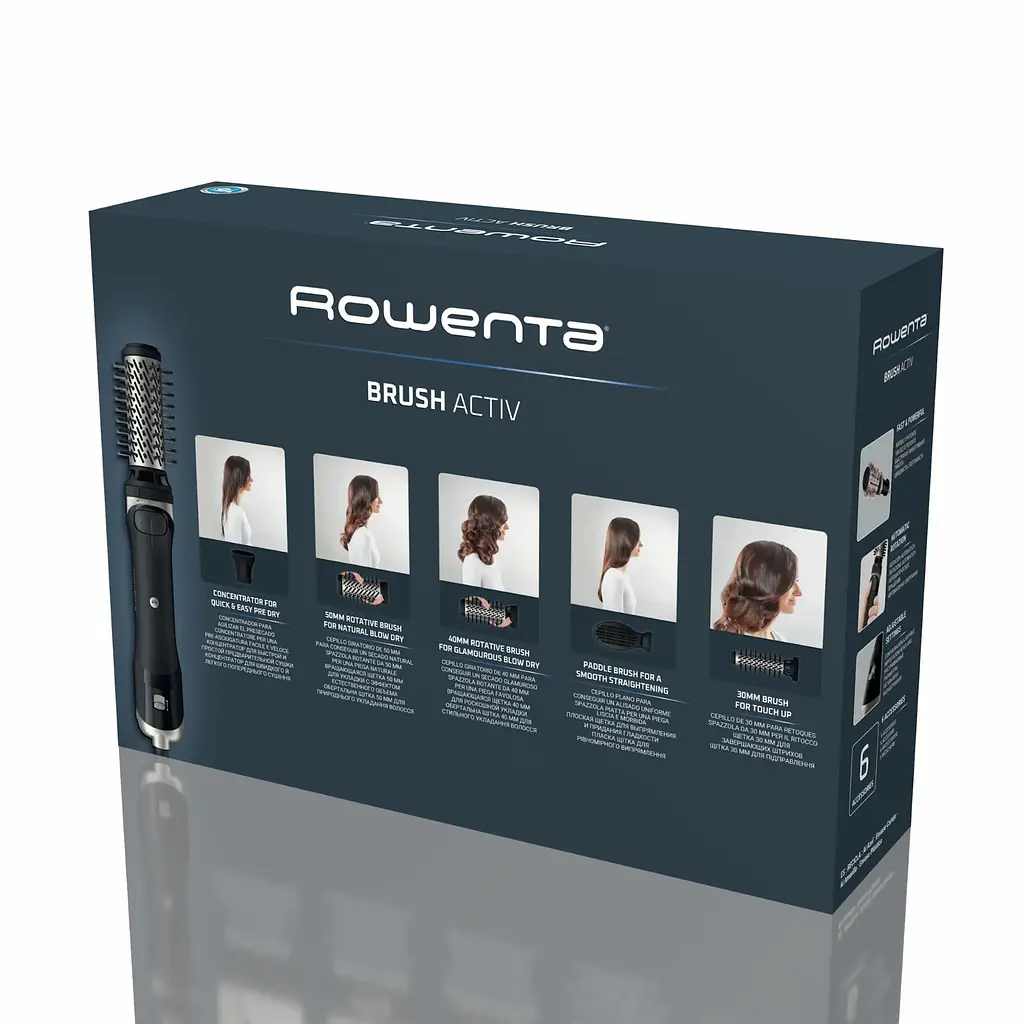 Фен Rowenta-щетка Renewal Brush Active, 1000Вт, 3 режима, ионизация, холодный обдув, обертывающая насадка, 5 насадок, керамика, черный насадка, 5 насадок, керамика, черный - фото 8