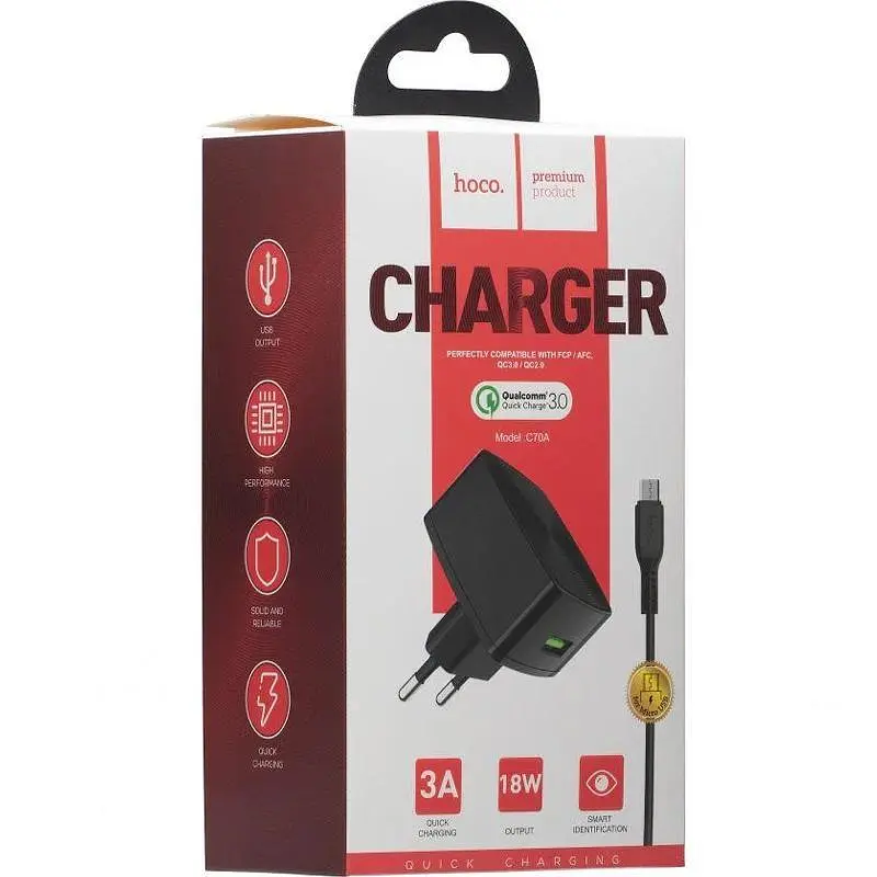 Сетевое зарядное устройство 1USB Hoco C70A QC 3.0 3A Black + USB Cable XiaomicroUSB - фото 3