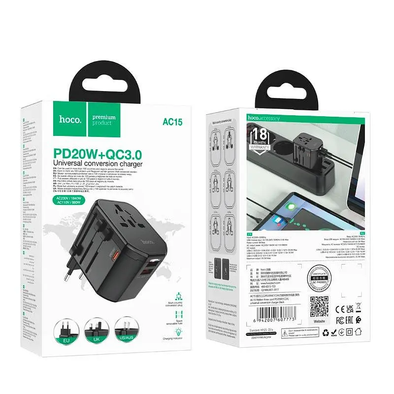 Перехідник для розеток HOCO Walker three-port PD20W universal conversion charger AC15 2USB/Type-C - фото 2