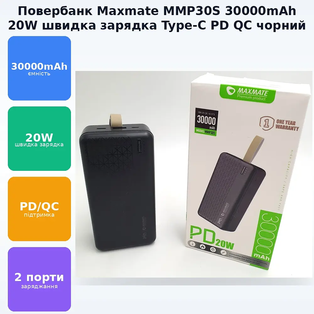 Потужний Повербанк Power Bank із швидкою зарядкою 30000mAh USB /Type-C PD/QC 20W Maxmate MMP30S чорний - фото 2
