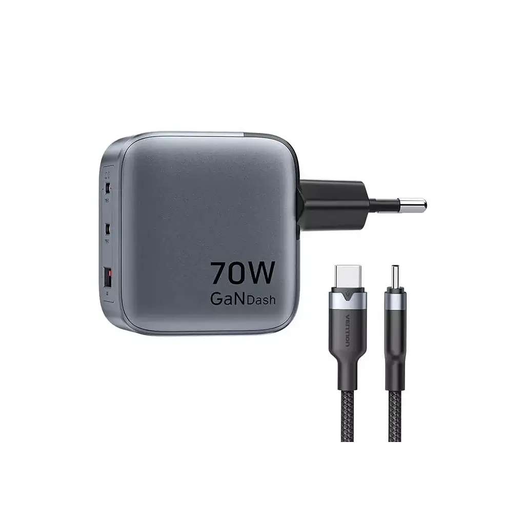 Зарядний пристрій Vention 2xUSB-C PD 70 Вт + 1xUSB QC 3.0 22.5 Вт GaN + кабель USB-C — USB-C 1.0 м чорно-сірий (TZ-FEXH0-EU) - фото 4