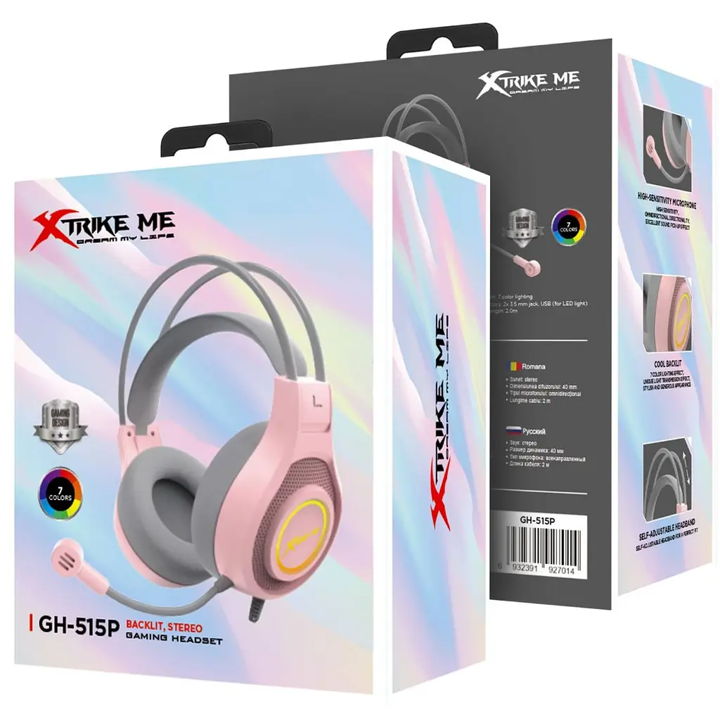 Ігрова гарнітура XTRIKE ME GH-515USB + 3.5 мм 7 режимів RGB кабель 2 м рожева (GH-515P) - фото 3