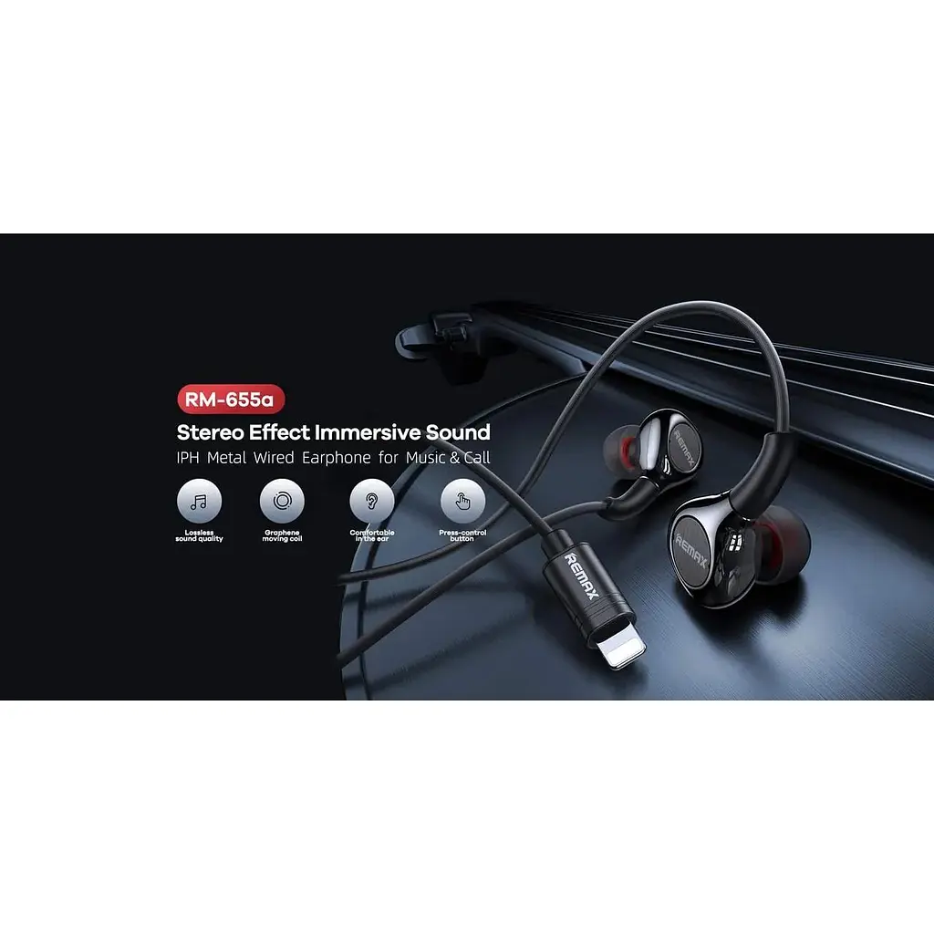 Навушники Remax RM-655i Lightning Metal Wired Earphone for Music & Call чорні - фото 5