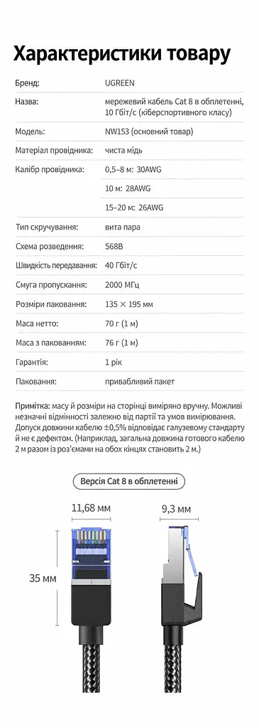 Мережевий кабель Ethernet UGREEN NW153 15 м патч-корд RJ45 штекер ↔ RJ45 штекер Cat 8 теоретично до 40 Гбіт/с 2000 МГц екранування F/FTP в обплетенні жили з чистої міді чорний (30799) - фото 2