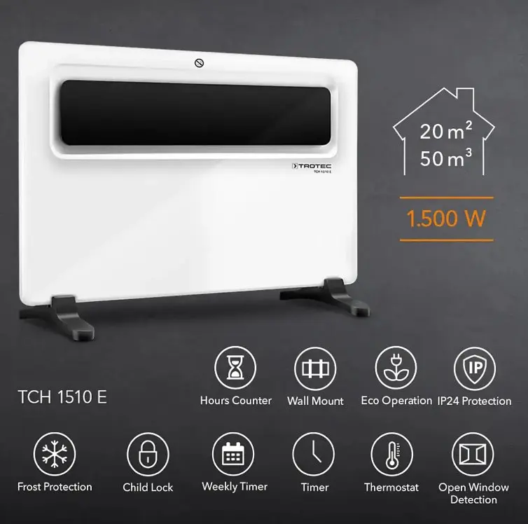 Конвектор Trotec TCH 1510 E підлоговий / настінний 1500 Вт, площа обігріву 20 кв.м., білий (1410000529) - фото 3