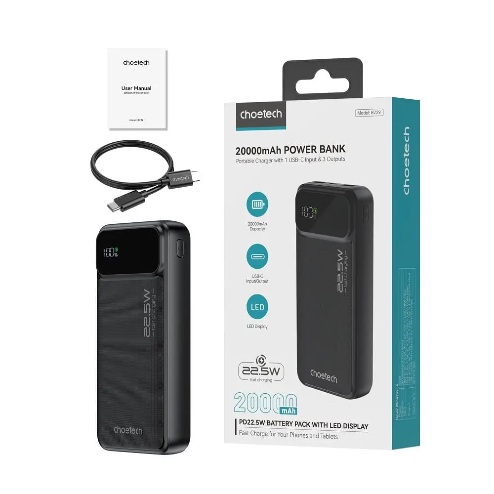 Повербанк 20000mAh Choetech B729 Black 22.5W QC3.0 PD3.0 (43-00115) - фото 3