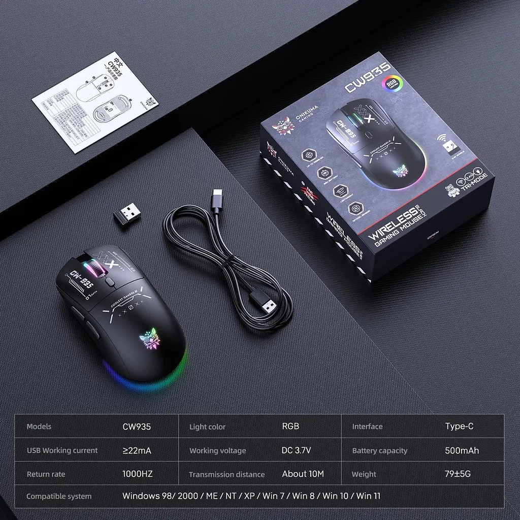 Компьютерная мышка Onikuma беспроводная игровая аккумуляторная CW-935 Pro с RGB подсветкой и 3 режимами подключения - фото 9