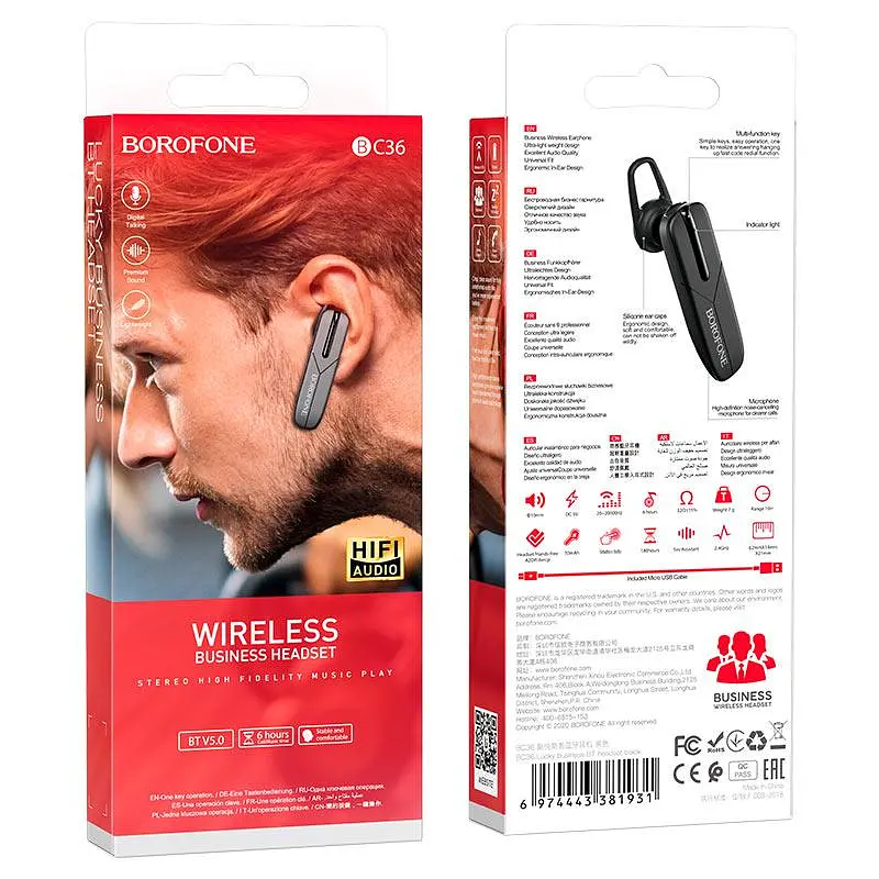 Bluetooth гарнітура BOROFONE BC36 Lucky business BT headset чорний - фото 3