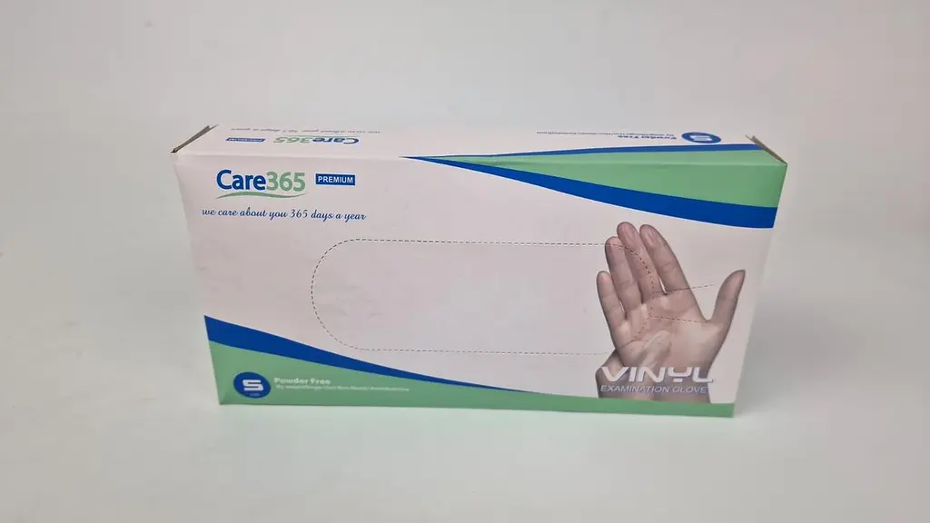 Рукавички одноразові вінілові білі CARE 365, розмір S, 100 шт, неопудрені, для огляду, клінінгу та сервісу