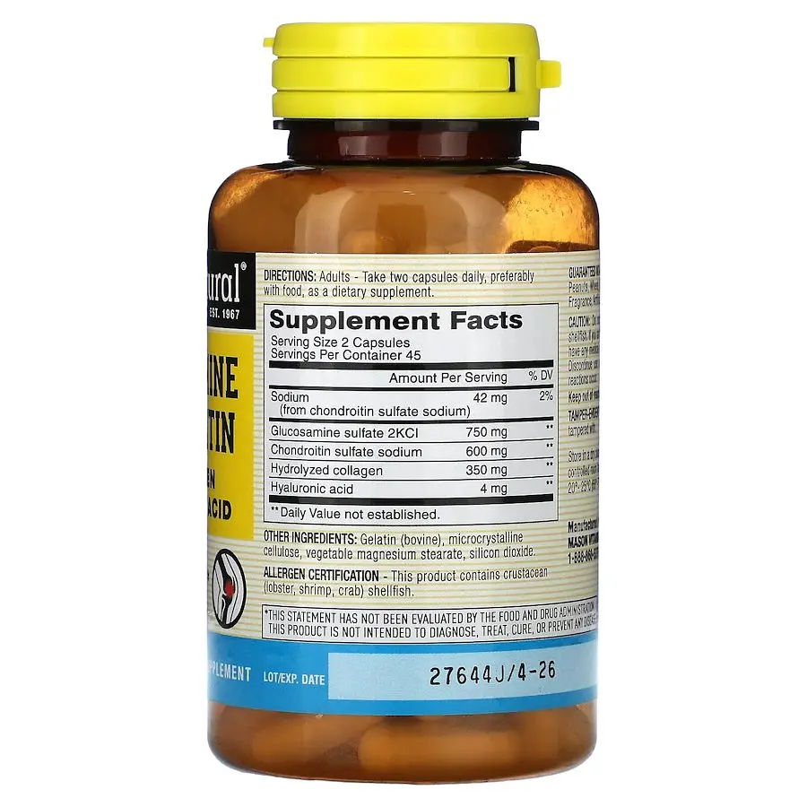 Хондропротектори Mason Natural Glucosamine Chondroitin with Collagen & Hyaluronic Acid 90 капсул глюкозамин и хондроитин - фото 2