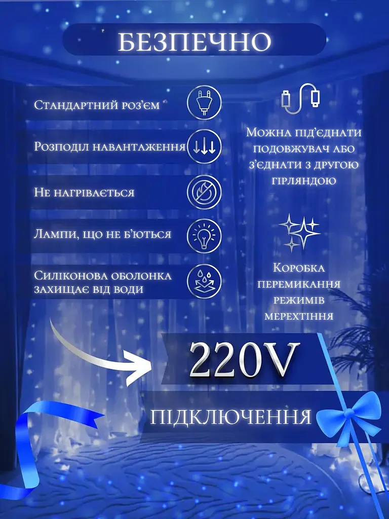 Світлодіодна штора на вікно новорічна гірлянда Синій (30307093) - фото 2
