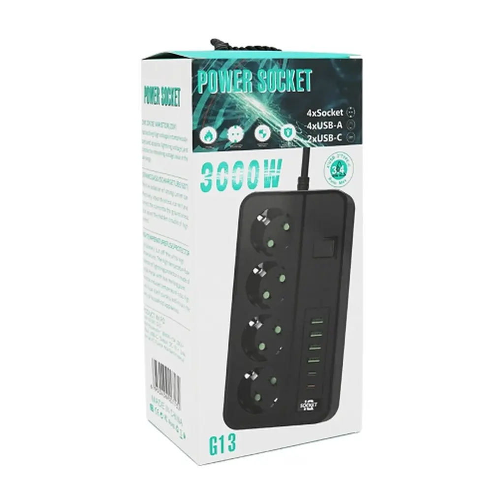 Мережевий фільтр живлення Voltronic G13H, 3000W, 4 роз, 4USB 3,2А, 2 Type-C, 2м Black (YT-G13H) - фото 6