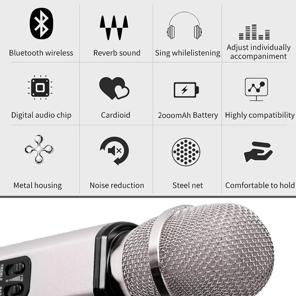 Караоке-микрофон беспроводной Losso K6 Premium со встроенным динамиком и Bluetooth Silver (18962) - фото 6