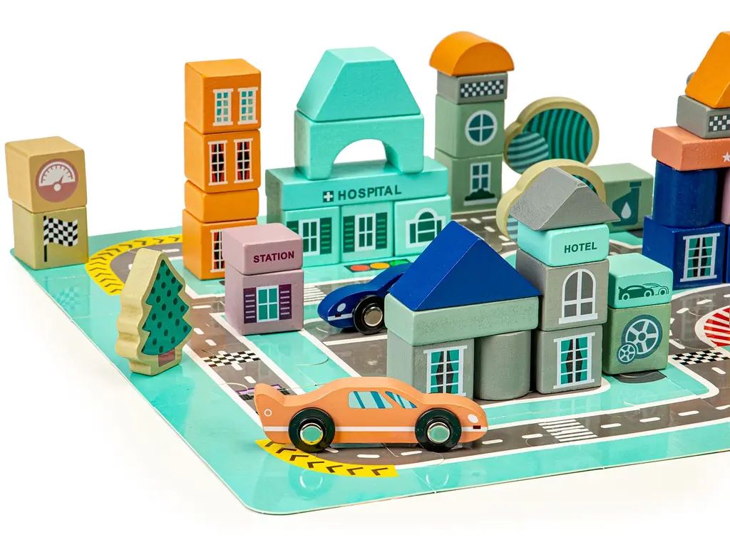 ​Деревянные кубики с ковриком Ecotoys Разноцветный город, 161 шт. (PH05D012) - фото 4