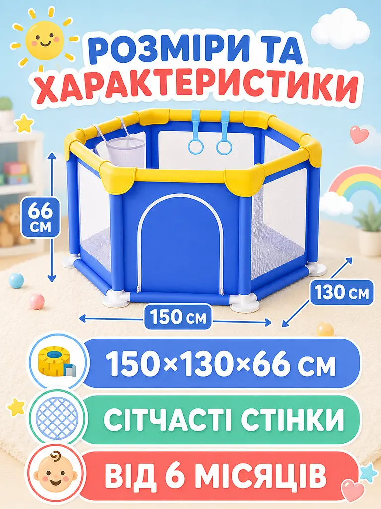 Дитячий ігровий манеж синій 150×130×66 см із сітчастими стінками (49676005), Синій - фото 3