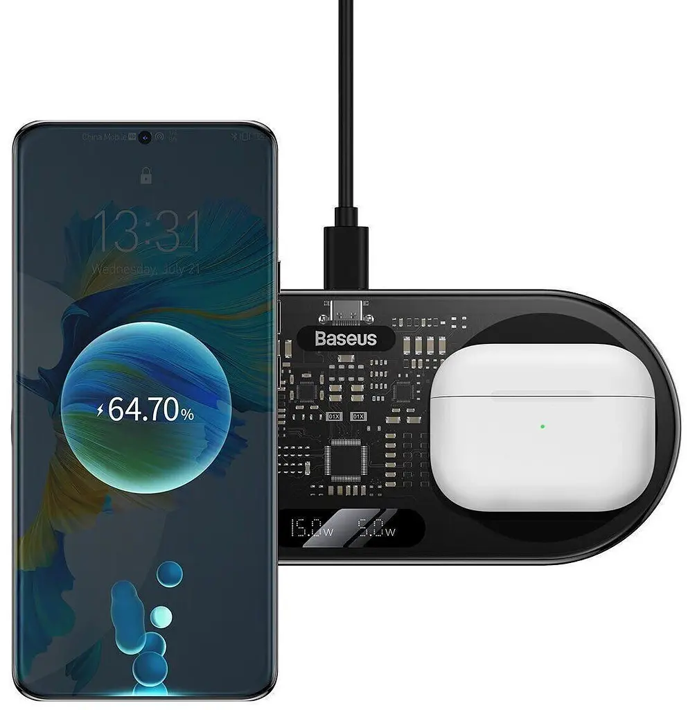 Бездротовий зарядний пристрій Baseus Digital LED Display 2in1 Wireless Charger 20W (WXSX010101) Black [78283] - фото 2
