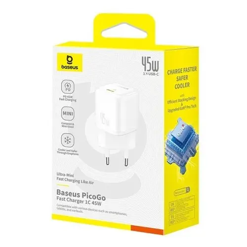 Сітчасте зарядне пристрій Baseus PicoGo GaN Fast Charger 1C 45W білий P10176800213-00 P10176800213-00 - фото 5