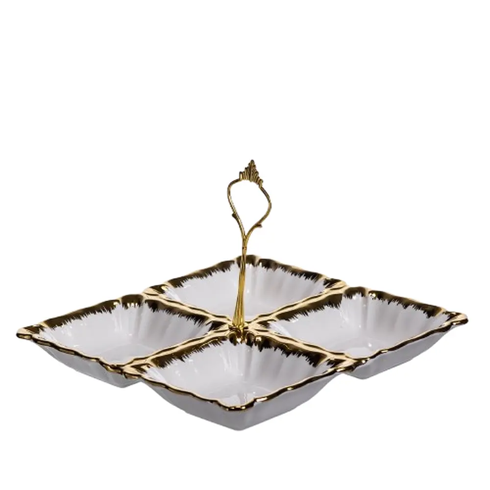 Менажница фарфоровая на 4 секции для закусок тарелка менажница 22.5×22.5×3 (см) с ручкой Белый с золотом Yiwu LC-BYL-101 - фото 2