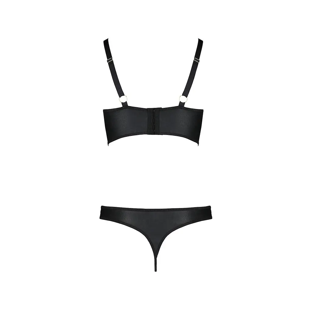 Комплект з екошкіри з люверсами та ремінцями Passion MALWIA BIKINI S/M, black, бра та трусики - фото 4